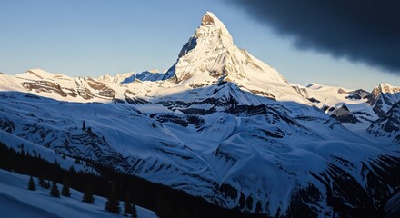 Matterhorn's majestic peak, snow-covered slopes, and dramatic cloudscape in the Swiss Alps