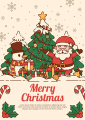 Joyful Christmas Scene with Santa Claus, Reindeer, and Gift Boxes under a Snowy Pine Tree. Vector Illustration