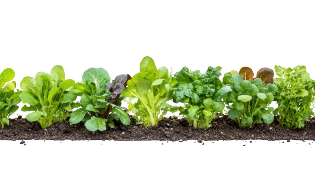 A array of fresh. leafy greens including lettuce. spinach. and arugula. neatly arranged in a row on rich soil. symbolizing healthy eating and sustainable gardening practices