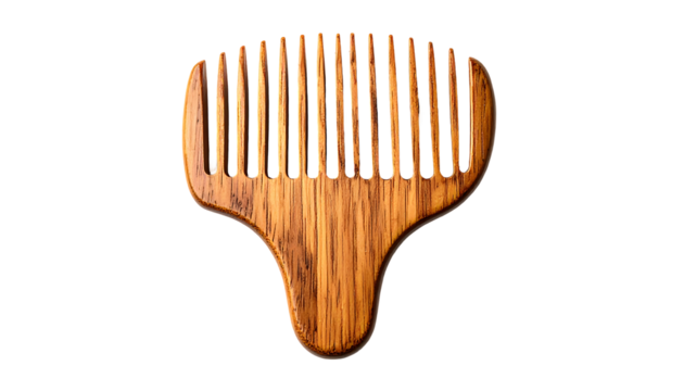 A uniquely shaped wooden comb with a wide, rounded base and closely spaced, thin teeth.  The rich grain of the wood is visible