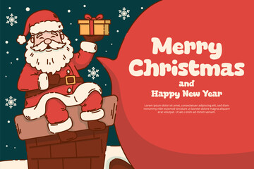 Cute Merry Christmas and Happy New Year Card Featuring Santa Claus Holding a Present. Vector Illustration