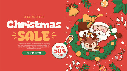 Christmas Sale Banner with a Cute Santa Claus, Snowman and a Reindeer. Vector Illustration