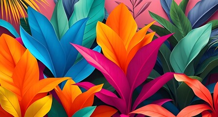 Vibrant Tropical Leaf Pattern with Bold Colors – Exotic Botanical Design, Fantasy Jungle Art, High-Resolution Digital Painting