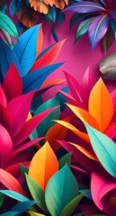 Vibrant Tropical Leaf Pattern with Bold Colors – Exotic Botanical Design, Fantasy Jungle Art, High-Resolution Digital Painting