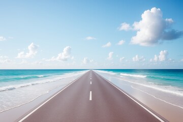 Surreal road stretching infinitely over ocean waves under bright sky with fluffy clouds, symbolizing light, freedom, and endless travel journey.