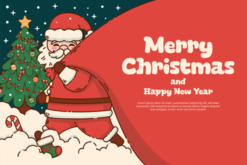 Whimsical Merry Christmas and Happy New Year Card with Santa Claus Walking on a Snow. Vector Illustration