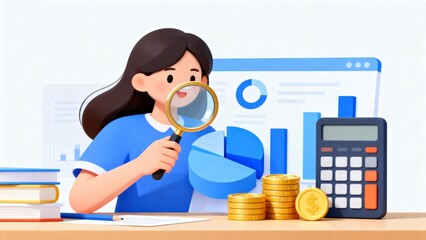 Financial analysis with charts and coins