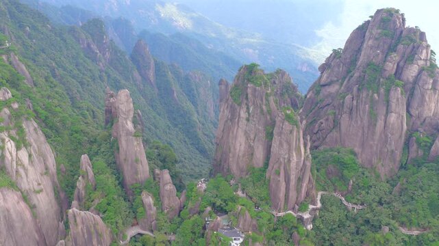 Mount Sanqing in Jiangxi Province, a famous mountain in China, with strange peaks and rocks towering into the clouds, miraculous geological and geomorphological wonders, and great works of nature