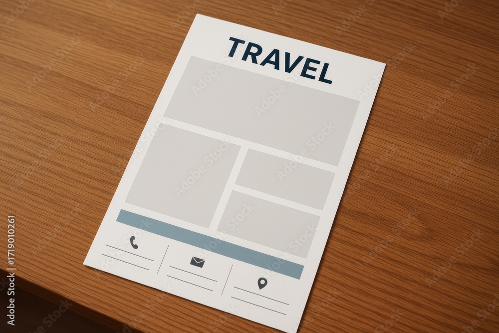 Poster travel brochure mockup template with blank photo and text placeholders lying on wooden table backgro