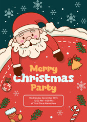 Merry Christmas Party Poster with Santa Claus and Christmas Ornaments. Vector Illustration 