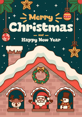 Merry Christmas and Happy New Year Poster with Santa, Reindeer and Snowman in a Snowy House. Vector Illustration