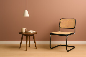 Minimalist Interior with Woven Cane Chair, Wooden Table, and Pendant Light