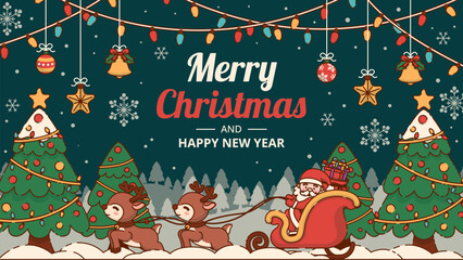Merry Christmas Scene of Santa Claus on a Sleigh Being Pulled by Reindeer through a Snowy Forest. Vector Illustration