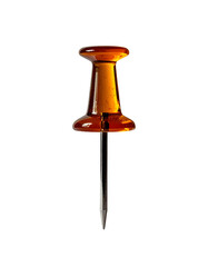 Amber-colored pushpin with a metallic point, glossy head, and a cylindrical shape against a black background