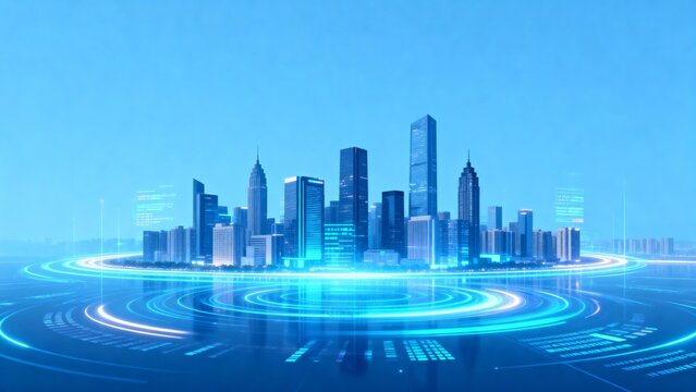 Futuristic city with digital interface