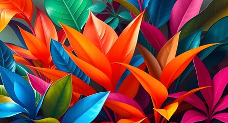 Vibrant Tropical Leaf Pattern with Bold Colors – Exotic Botanical Design, Fantasy Jungle Art, High-Resolution Digital Painting