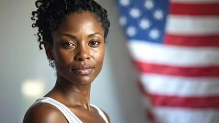 Portrait of a Black woman against a blurred American flag. - Powered by Adobe