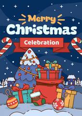 Merry Christmas Celebration Poster with a Pile of Gifts and a Christmas Tree in a Snowy Scene. Vector Illustration