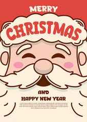 Simple Merry Christmas Poster with a Portrait of Santa Claus Wearing a Festive Hat Vector Illustration