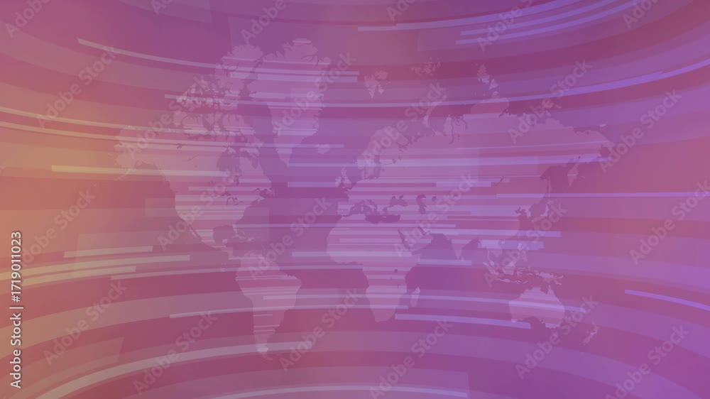 Poster purple and orange world map with dynamic radiating lines and curve - news, global business network c