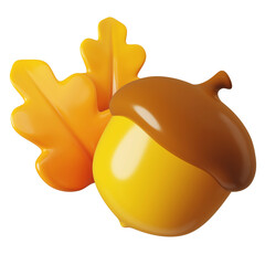 3d render acorn isolated on white background. Set of minimalist glossy plastic 3D illustrations in cartoon style. Forest element for game design. Hello autumn concept for seasonal holiday designs