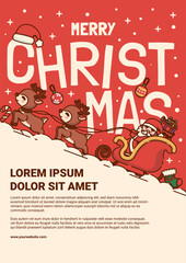 Merry Christmas Poster with Santa Claus Delivering Christmas Presents on a Sleigh in a Snowy Landscape. Vector illustration