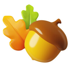 3d render acorn isolated on white background. Set of minimalist glossy plastic 3D illustrations in cartoon style. Forest element for game design. Hello autumn concept for seasonal holiday designs