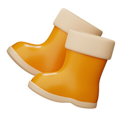 3d yellow rain rubber boot icon isolated on white background. Realistic render minimal gardening foot wear. Modern glossy 3D plastic in cartoon style. Autumn forest elements. Hello autumn concept.