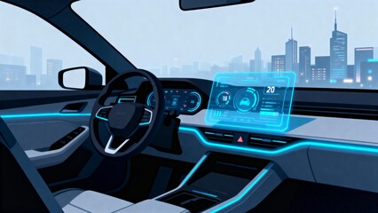 Futuristic car interior with digital dashboard