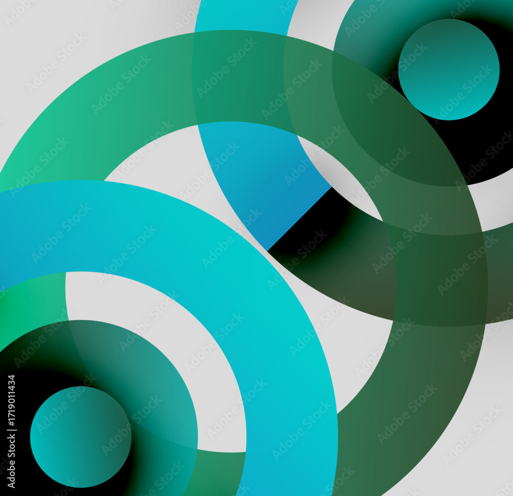 Poster abstract composition. overlapping circles create dynamic visual effect. teal, green, white hues domi