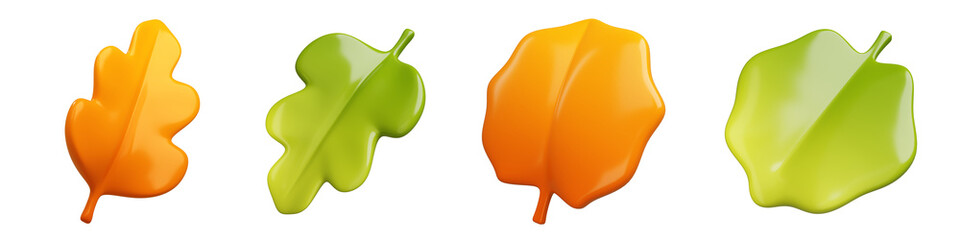 Set of realistic autumn leaves isolated on white background. Collection of minimalist 3D illustrations. Modern glossy 3D plastic in cartoon style. Decorative elements for seasonal holiday sale designs