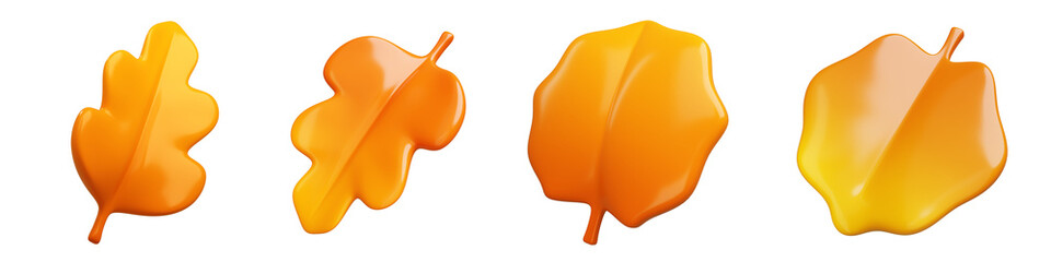 Set of realistic autumn leaves isolated on white background. Collection of minimalist 3D illustrations. Modern glossy 3D plastic in cartoon style. Decorative elements for seasonal holiday sale designs