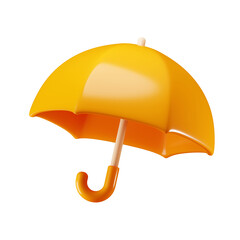 3d yellow umbrella with curved handle isolated on white background. Autumn Modern glossy 3D plastic icon in cartoon style. Decorative elements for seasonal holiday sale designs