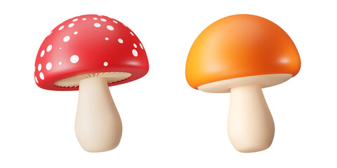 3d render Mushroom Amanita isolated on white background. Collection of minimalist 3D illustrations. Modern glossy 3D plastic in cartoon style. Autumn forest elements, Hello autumn concept.