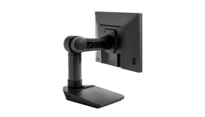 Rear view of a dark gray, articulating monitor arm with a square screen attached, standing on a wide base