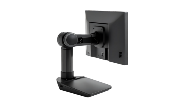 Rear view of a dark gray, articulating monitor arm with a square screen attached, standing on a wide base