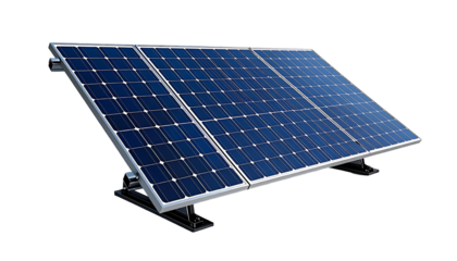Three dark-blue solar panels mounted on a gray metal frame, angled slightly upward, isolated on a black background