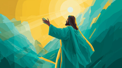 Fototapeta premium Jesus Christ in the valley with sun shining