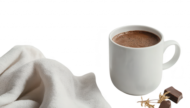 A cozy scene featuring a steaming mug of hot chocolate placed on a clean. white surface. accompanied by a soft. textured blanket and a piece of chocolate. perfect for winter-themed relaxation