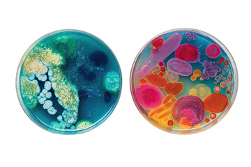 Two petri dishes filled with vibrant microbial colonies
