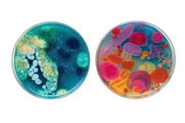 Two petri dishes filled with vibrant microbial colonies
