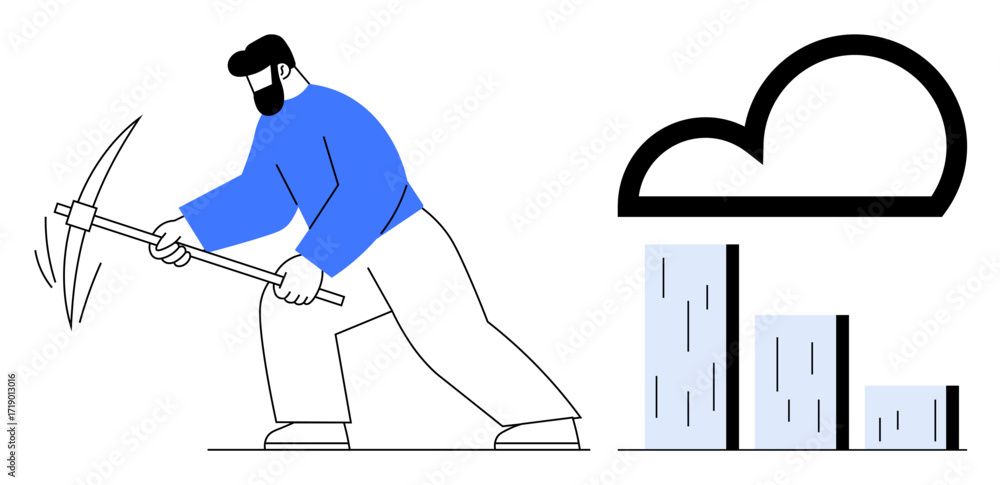 Poster man swinging pickaxe toward graph and cloud, representing data extraction, cloud computing, and anal