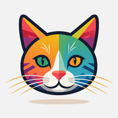Colorful cat face stares forward with vibrant hues and geometric patterns against a white backdrop, creating a playful and modern aesthetic.