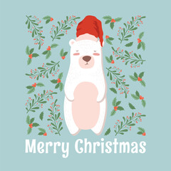 Vector illustration of cute white bear in Santa hat, lettering Merry Christmas, holly leaves, mistletoe branches isolated on blue background. Holiday design for poster print card decoration