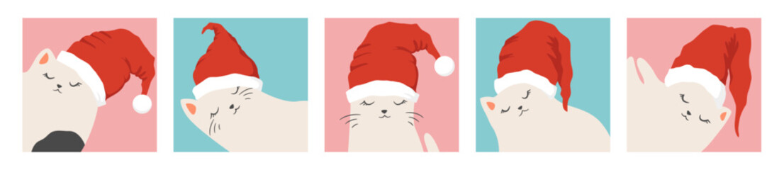 Vector illustration set of cute cartoon hand drawn cat faces in Santa hat isolated on white background. Christmas animal design template for poster card print invitation banner holiday decor