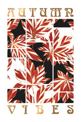 Vector illustration of gold, black, red abstract maple leaves isolated on white background. Modern art autumn design template for poster print, wall decor, banner, card. Elegant luxury style