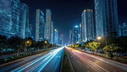 Fototapeta premium Night cityscape, modern skyscrapers, vibrant lights, blurred car trails on highway