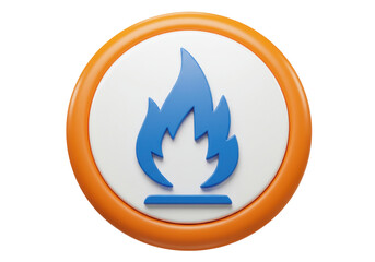 Isolated shiny blue flame icon in orange circle, button with a fire symbol element
