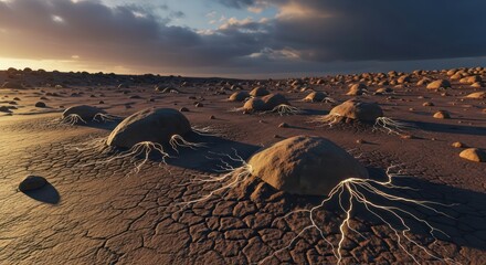 Cracked Earth Landscape with Glowing Tendrils Emanating from Boulders at Sunset