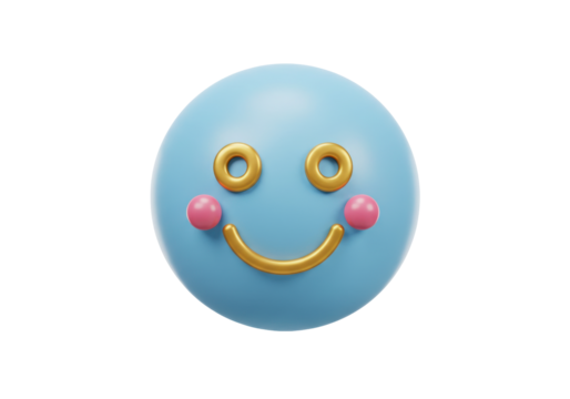 Isolated kawaii emoji with gold smile, blue color and pink cheeks, happy expressive face